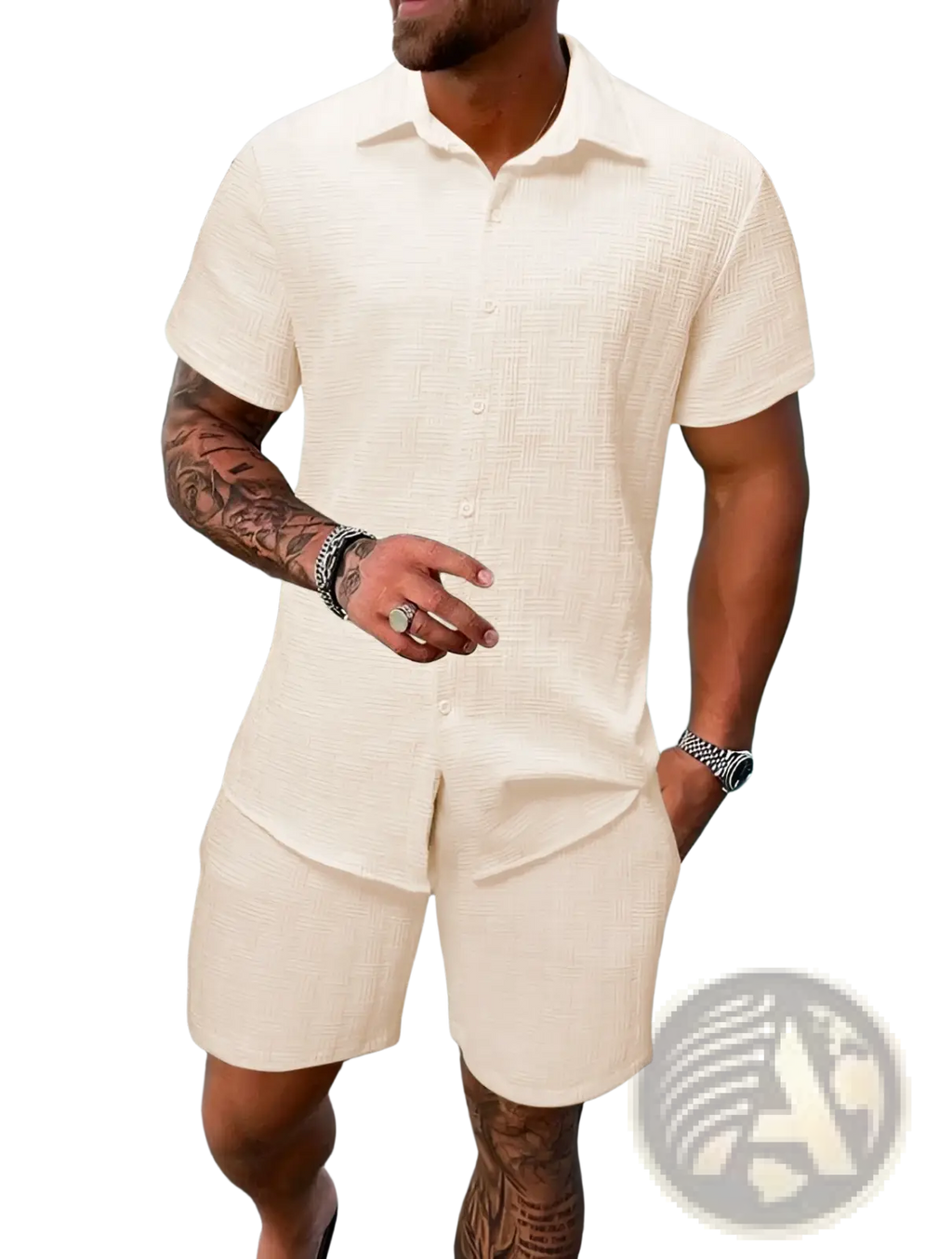 Men textured short sleeve shirt and shorts set in cream color with a textured weave worn as a coordinated outfit