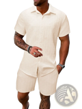 Men textured short sleeve shirt and shorts set in cream color with a textured weave worn as a coordinated outfit