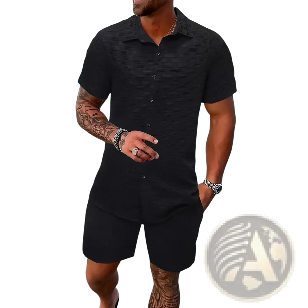 Men textured short sleeve shirt in black featuring a textured fabric with a collar and button-up front