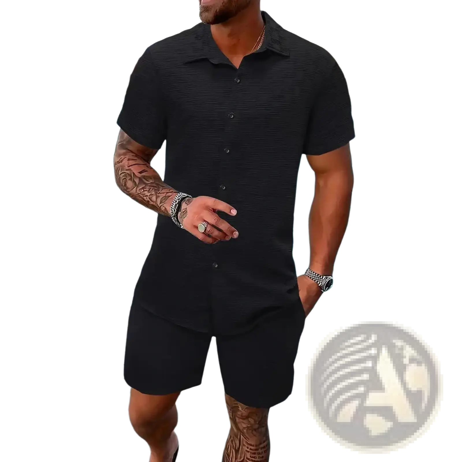 Men textured short sleeve shirt in black featuring a textured fabric with a collar and button-up front