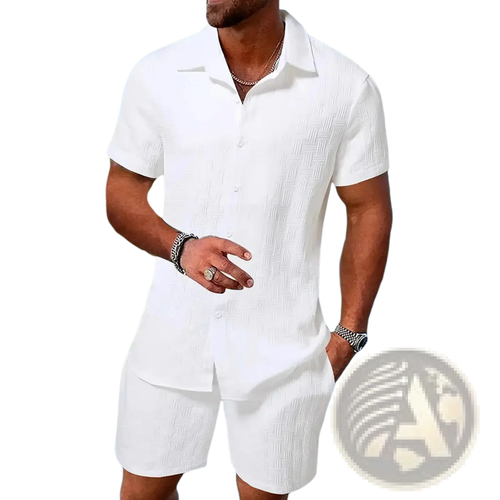 Men textured short sleeve shirt in white with a subtle textured pattern part of a shorts set for casual wear