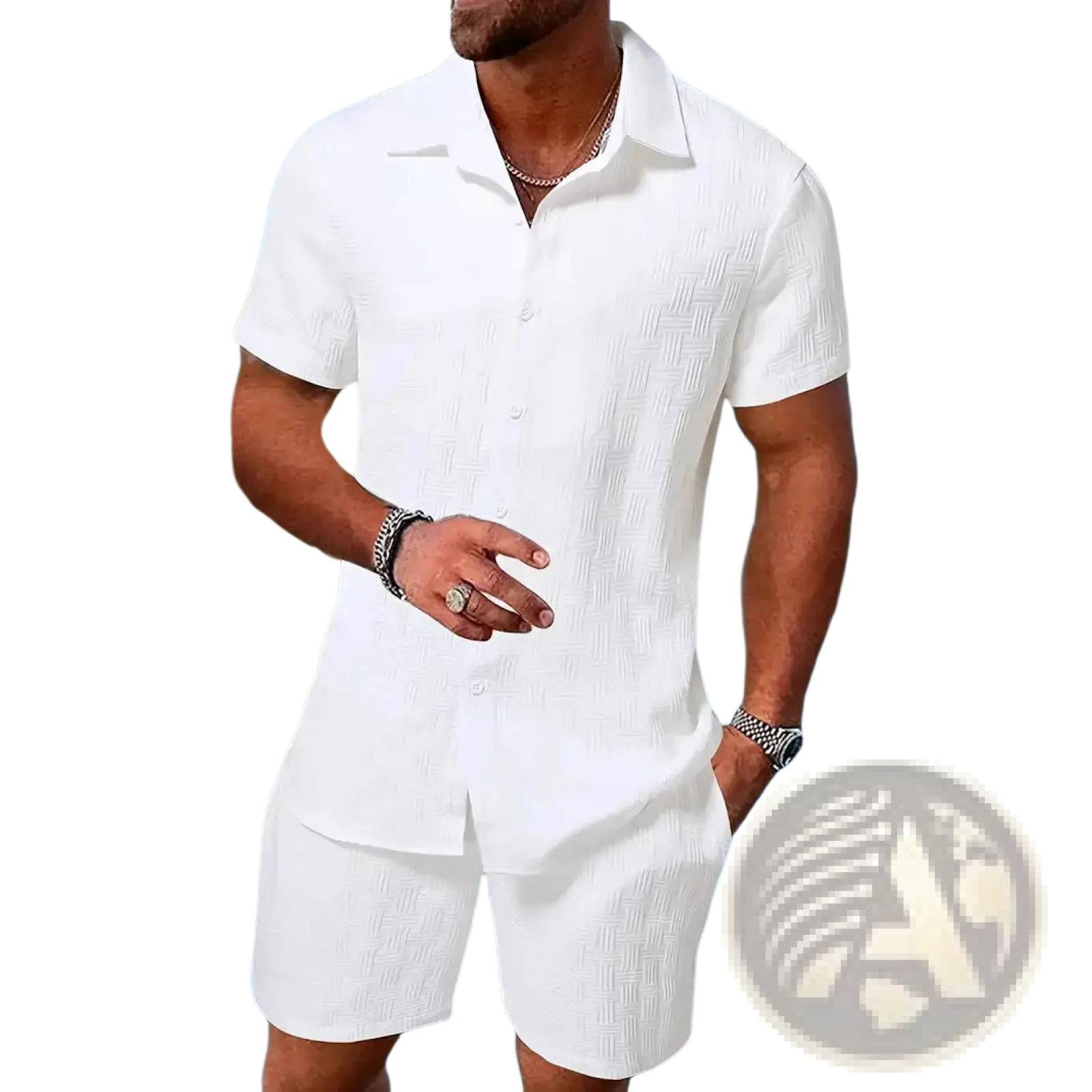 Men textured short sleeve shirt in white with a subtle textured pattern part of a shorts set for casual wear