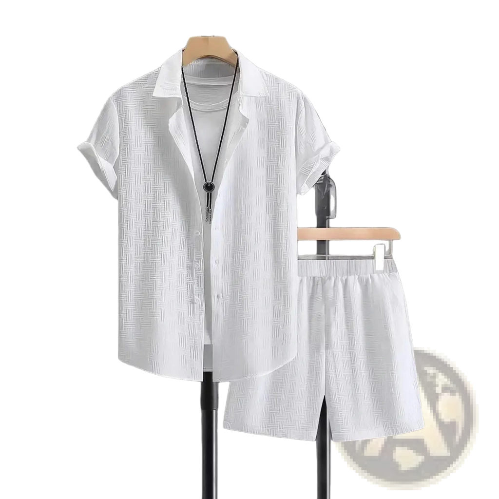 Men textured short sleeve shirt and shorts set in white with a subtle woven texture displayed on a mannequin