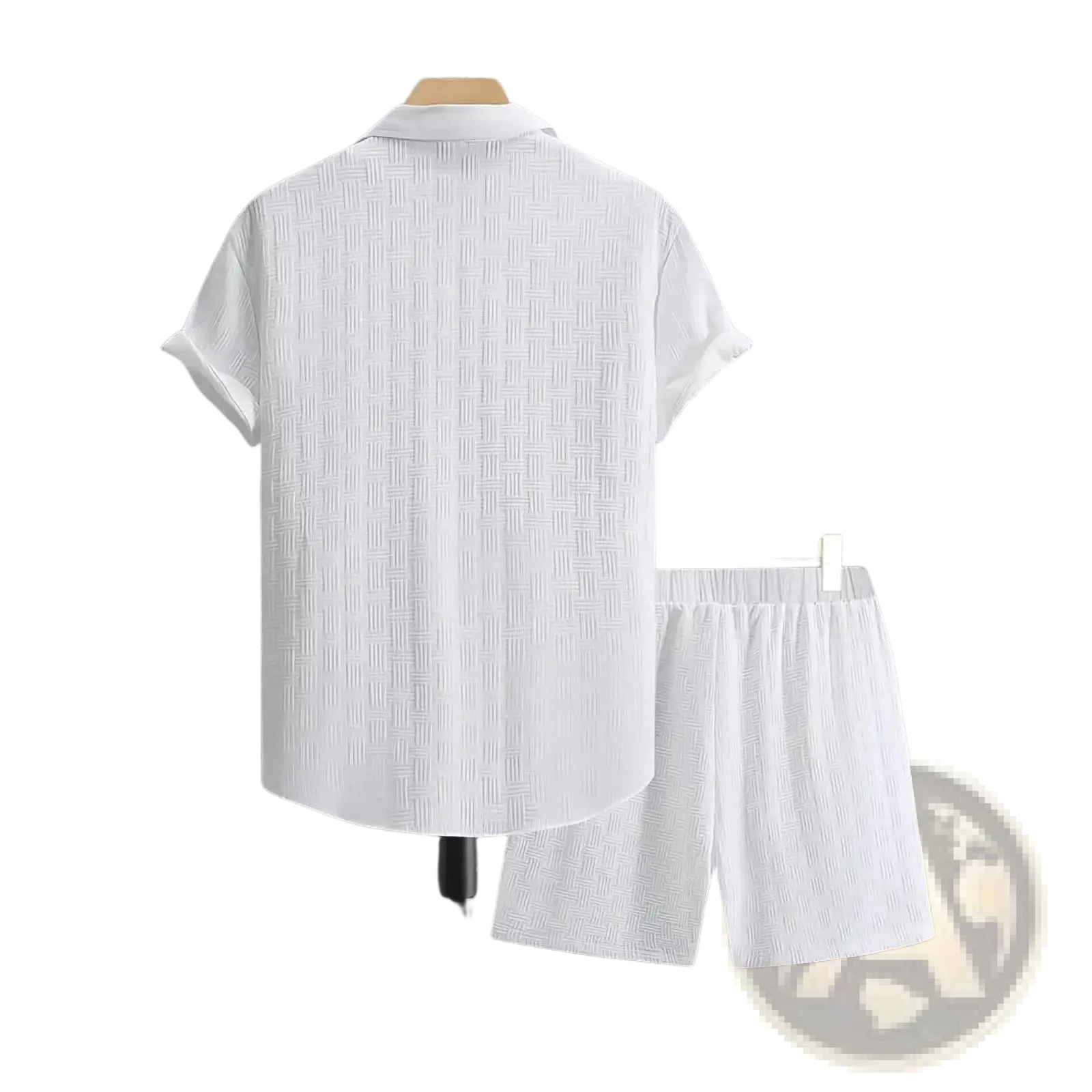 Men textured white short sleeve shirt and matching shorts set displayed on wooden hangers against dark background