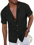 Men textured waffle short sleeve button up shirt in black with a subtle textured weave for casual wear