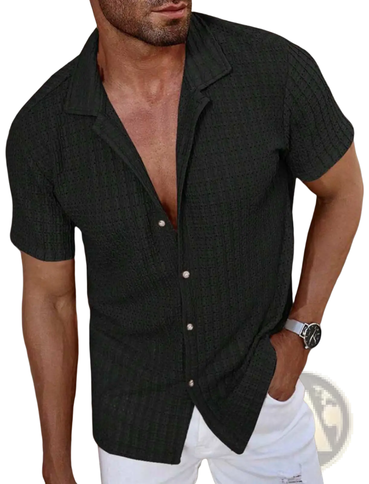Men textured waffle short sleeve button up shirt in black with a subtle textured weave for casual wear