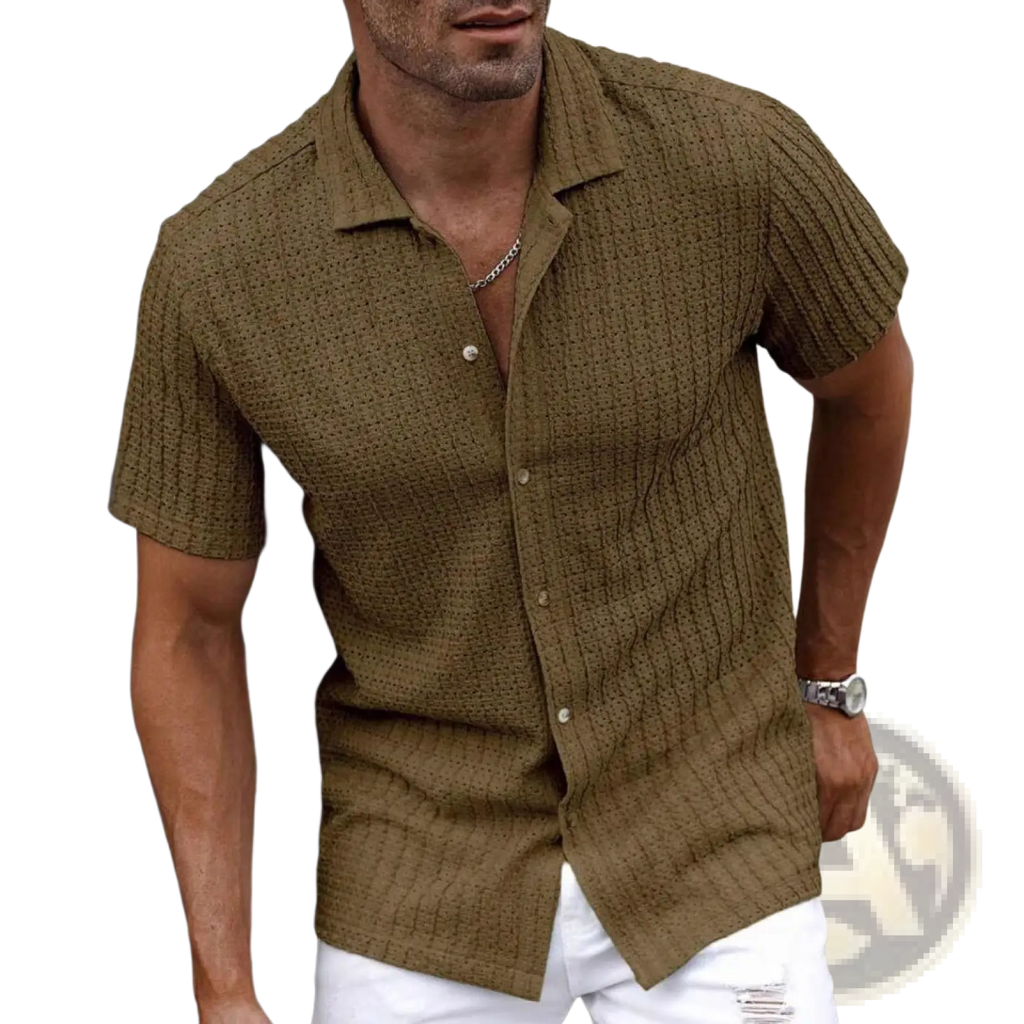 Men textured waffle short sleeve button up shirt in olive green knit fabric with textured pattern and collar design