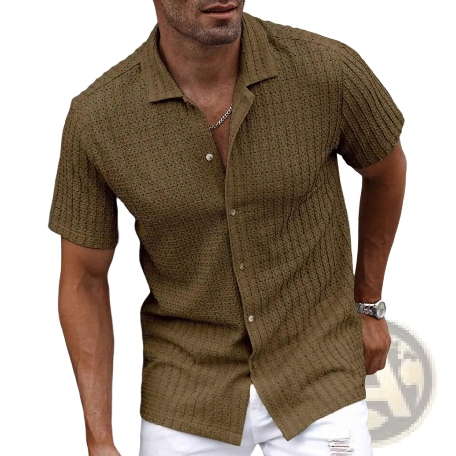 Men textured waffle short sleeve button up shirt in olive green knit fabric with textured pattern and collar design