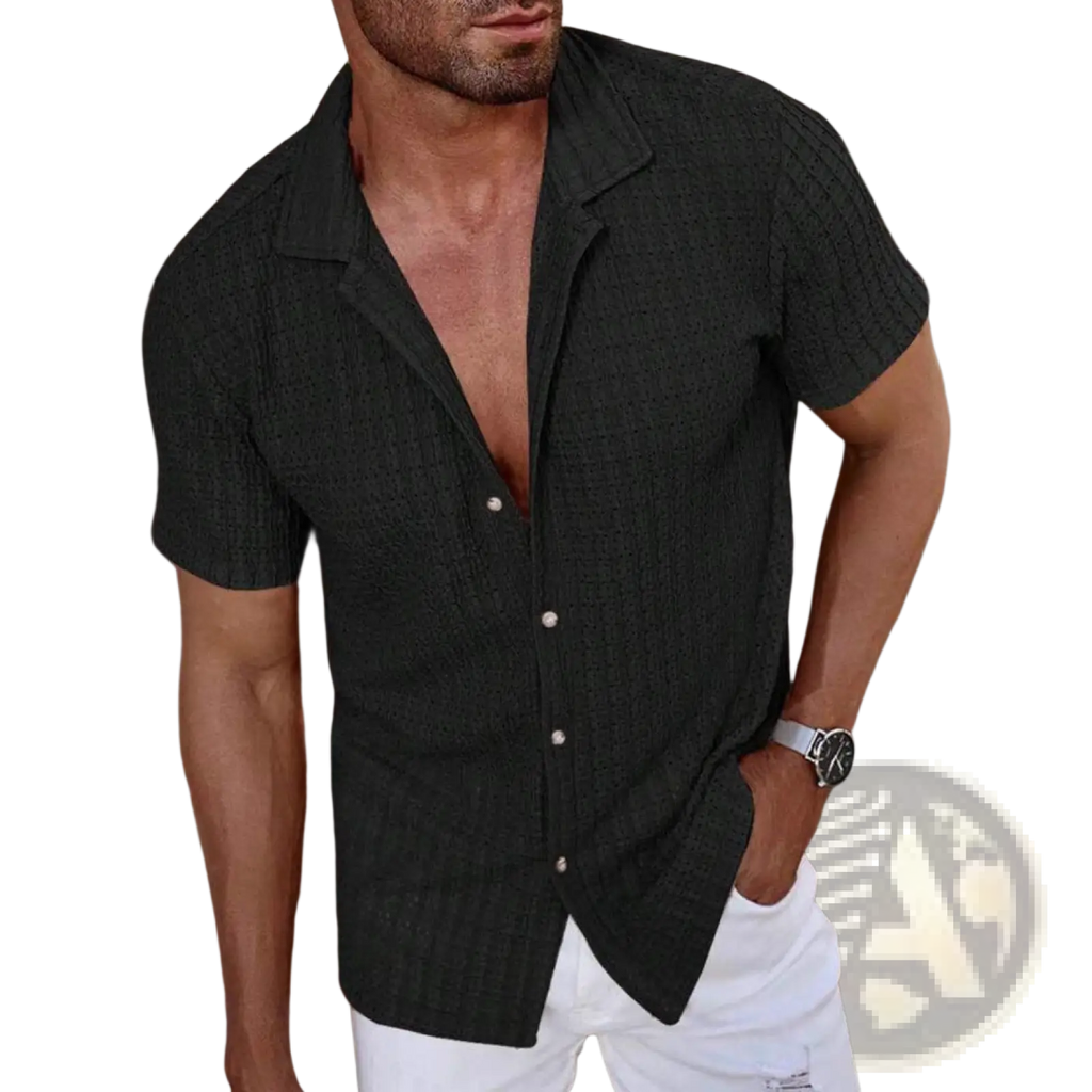 Men textured waffle short sleeve button up shirt in black with a woven textured pattern and short sleeves