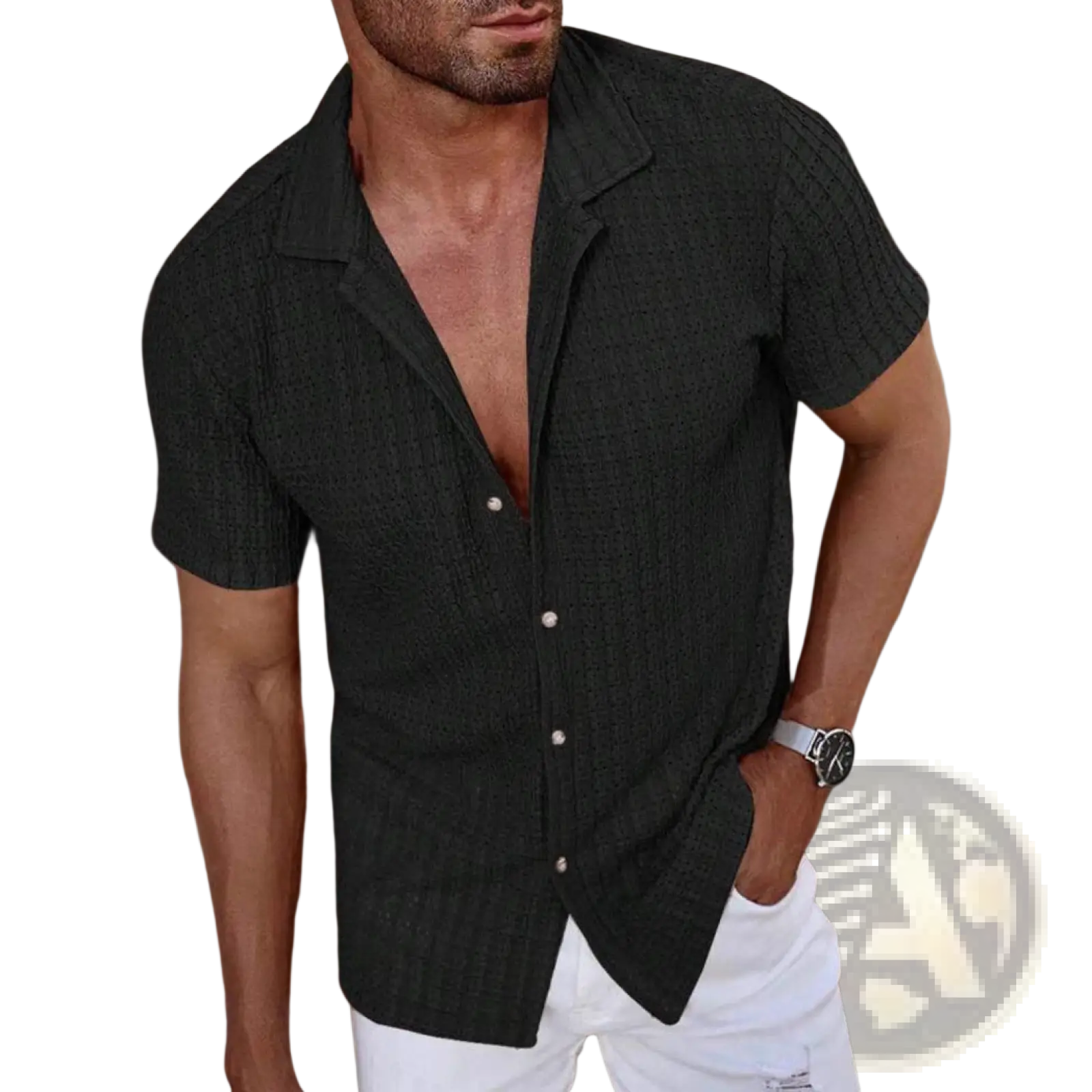 Men textured waffle short sleeve button up shirt in black with a woven textured pattern and short sleeves