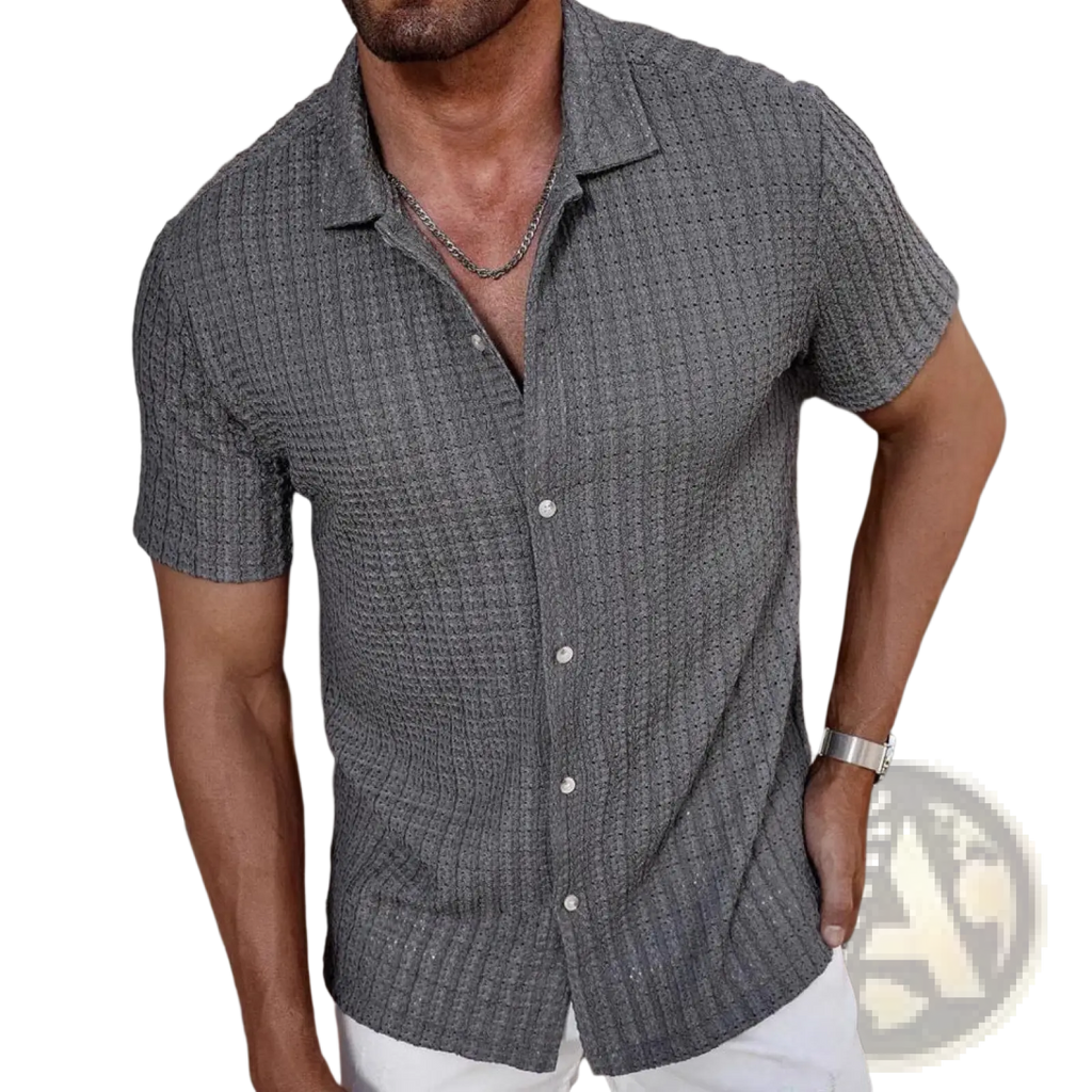 Men textured waffle short sleeve button up shirt in gray with a woven pattern and breathable fabric design