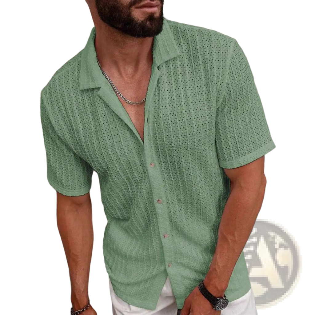 A light green men textured waffle short sleeve button up shirt with perforated knit fabric and classic collar