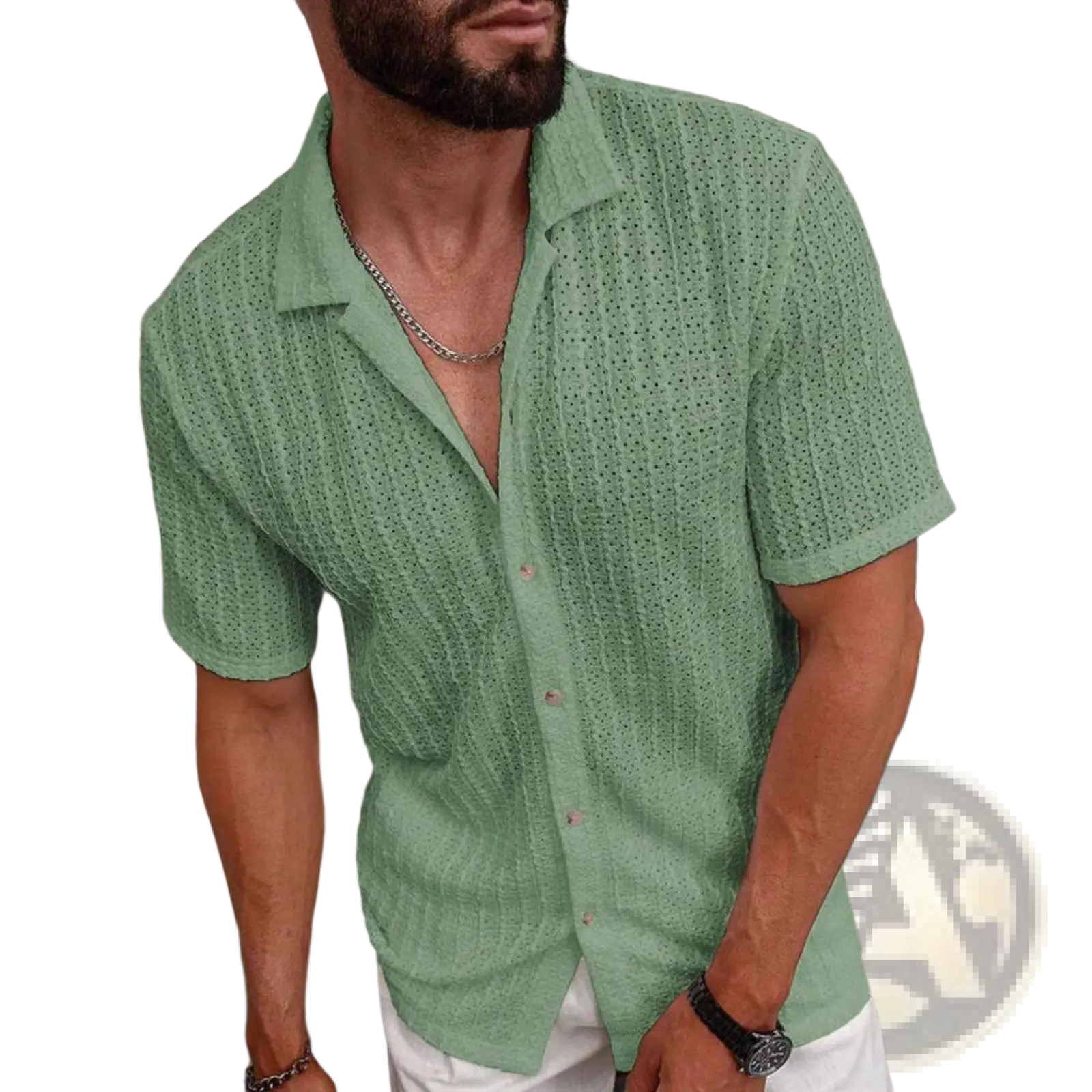 A light green men textured waffle short sleeve button up shirt with perforated knit fabric and classic collar