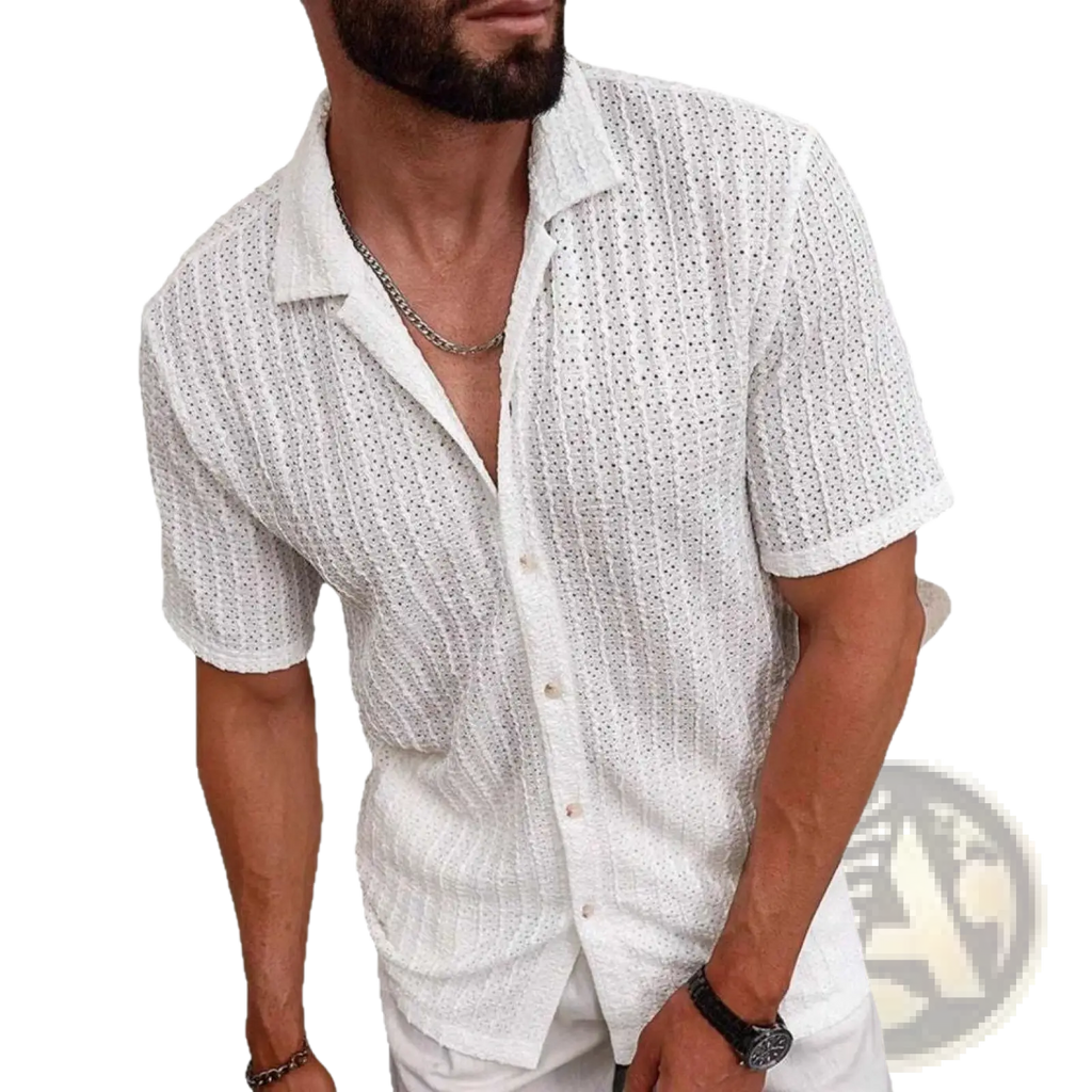 Men textured waffle short sleeve button up shirt in white with a perforated textured pattern on breathable fabric