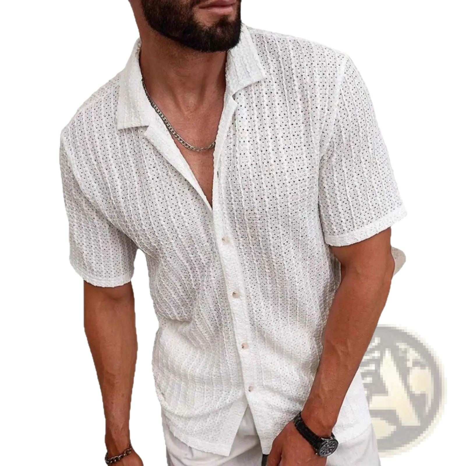 Men textured waffle short sleeve button up shirt in white with a perforated textured pattern on breathable fabric