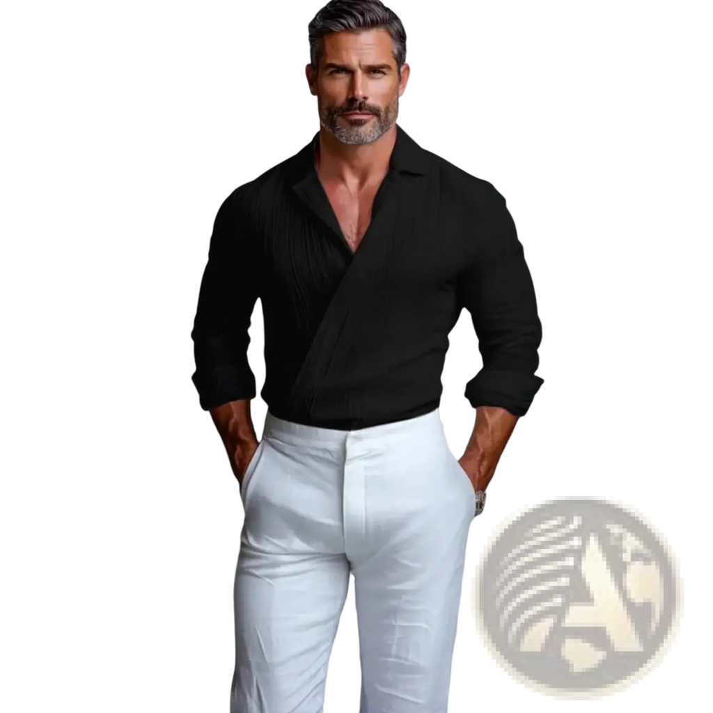 Black textured wrap front long sleeve shirt with rolled sleeves for men in a lightweight breathable fabric