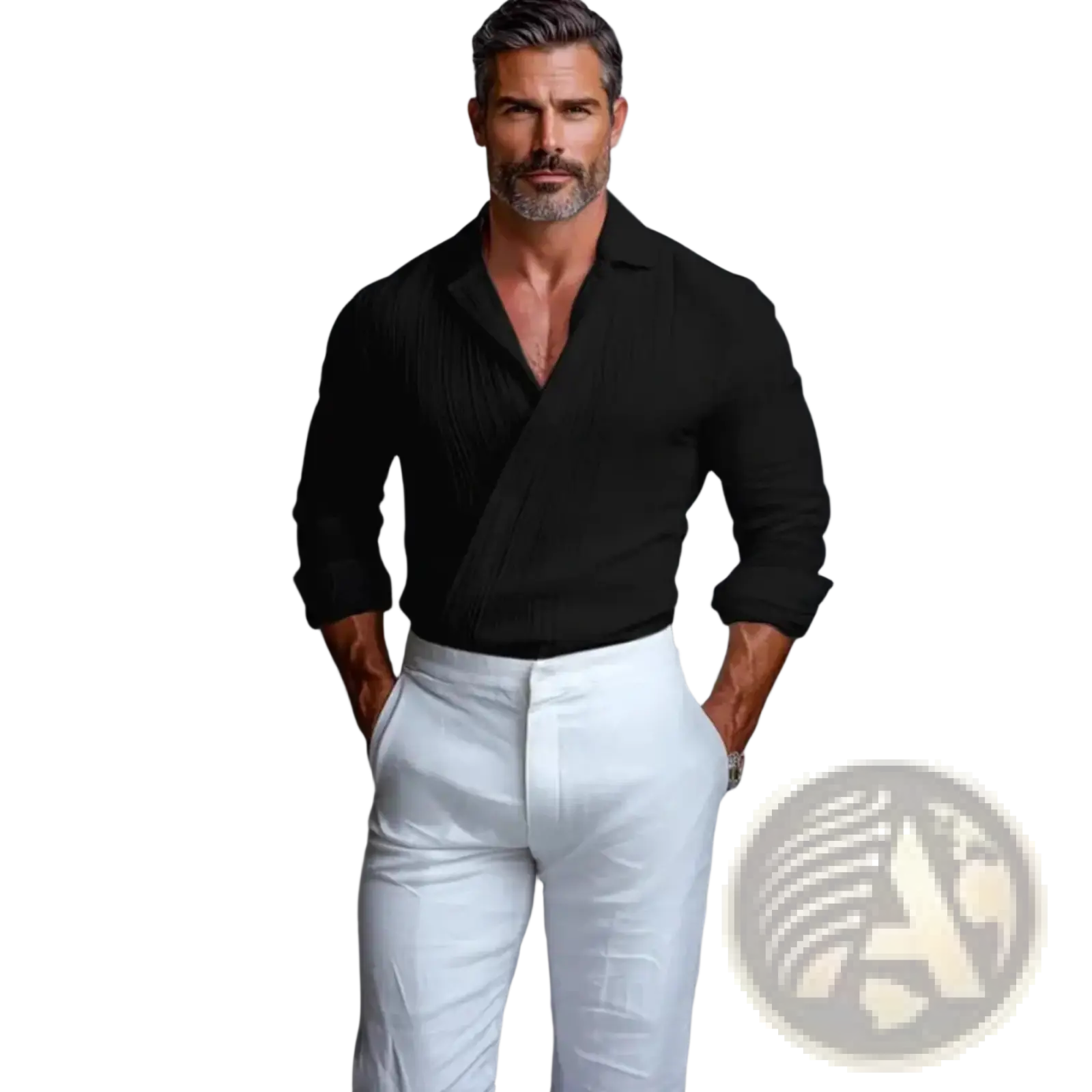 Black textured wrap front long sleeve shirt with rolled sleeves for men in a lightweight breathable fabric