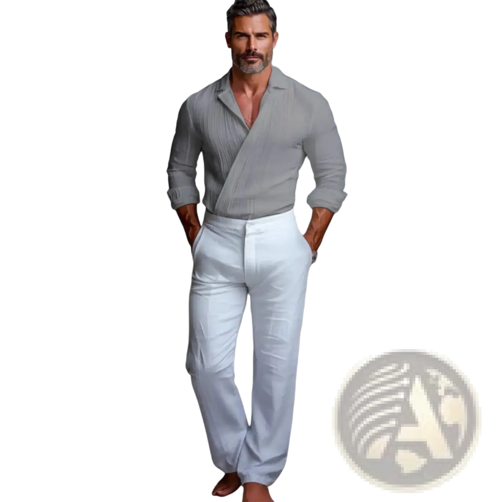 A man wearing a light gray textured wrap front long sleeve shirt with rolled sleeves and white trousers