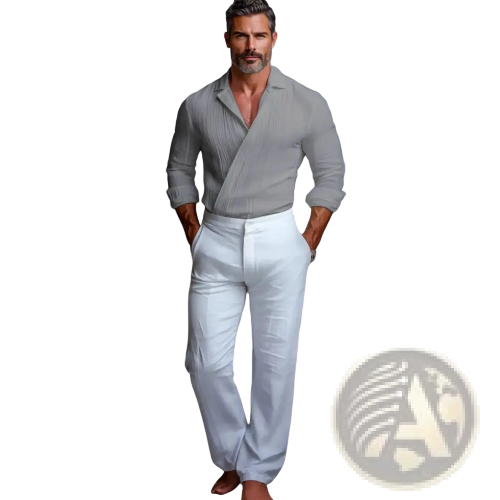 A man wearing a light gray textured wrap front long sleeve shirt with rolled sleeves and white trousers