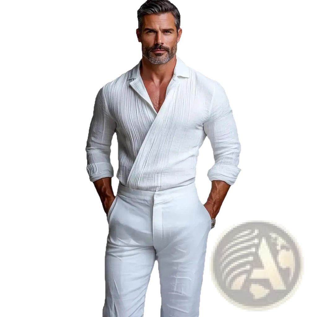 Men textured wrap front long sleeve shirt in white with pleated fabric, relaxed open collar, and rolled sleeves
