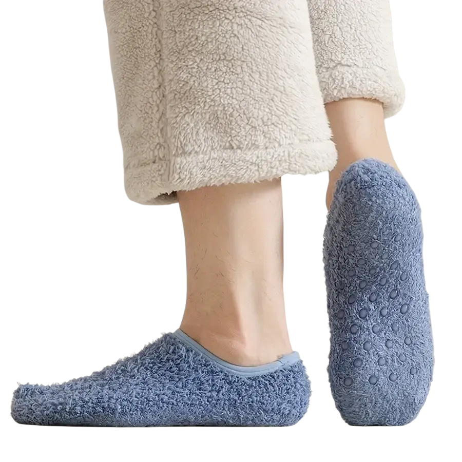 Men thermal fleece non-slip house socks in blue with a textured rubber sole for enhanced grip and comfort