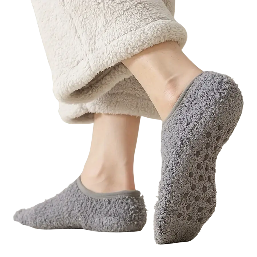Gray men thermal fleece non-slip house socks with plush texture and small suction dots on the soles