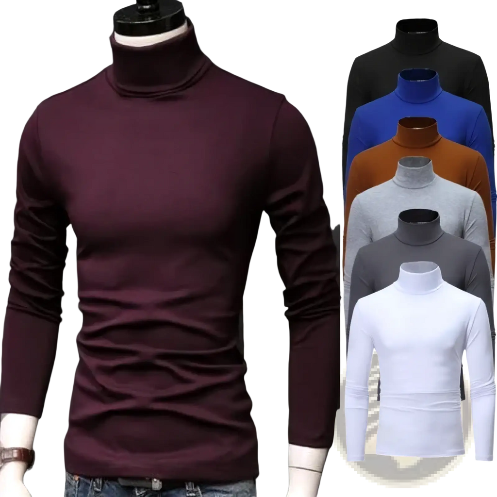 Maroon slim fit men thermal turtleneck sweater with long sleeves and smooth knit texture for winter