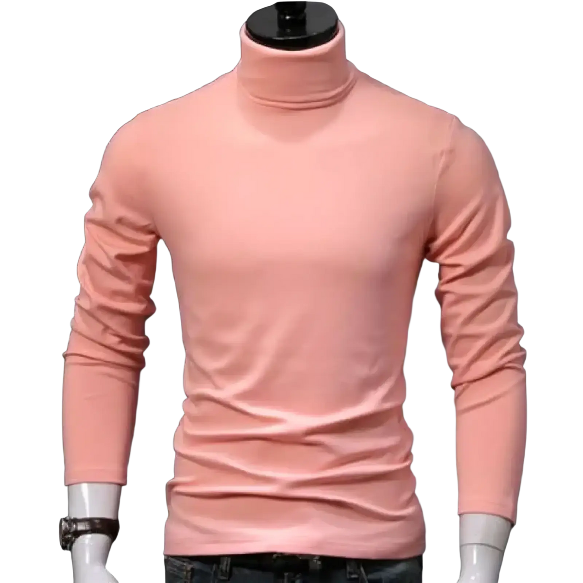 A sleek peach-colored men thermal turtleneck slim fit winter shirt with smooth form-fitting knit texture