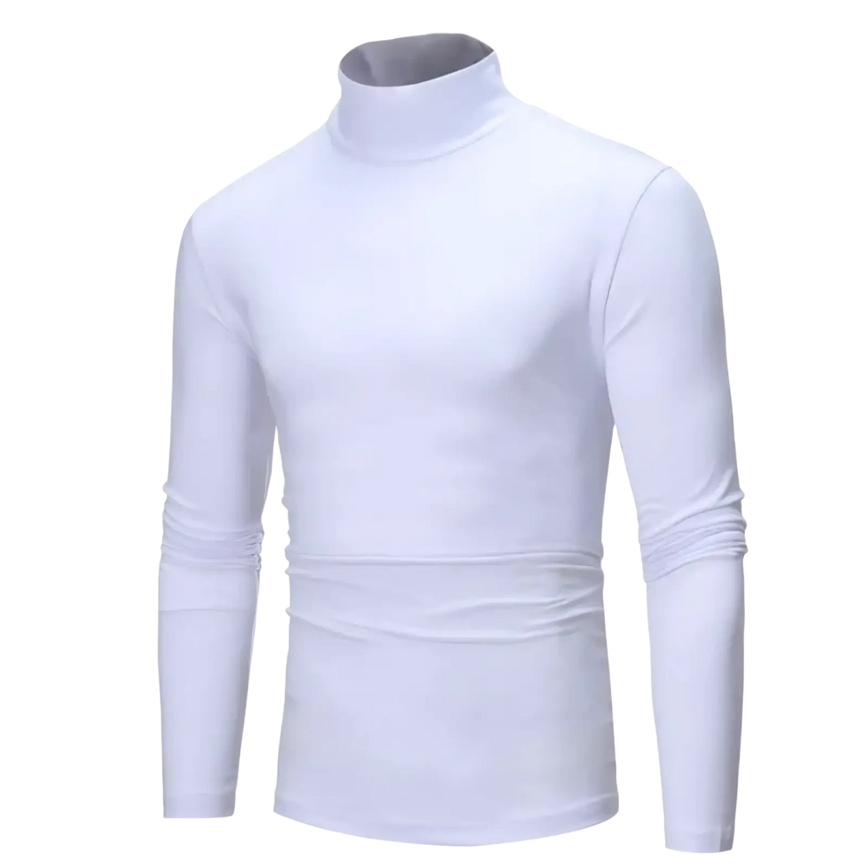 White long-sleeved thermal turtleneck shirt with slim fit design ideal for men winter wear