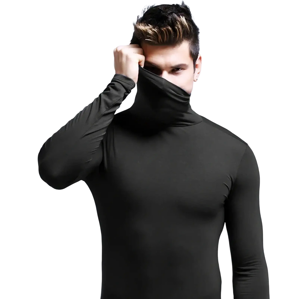 Black form-fitting long-sleeved thermal turtleneck shirt for men designed for slim winter layering and warmth