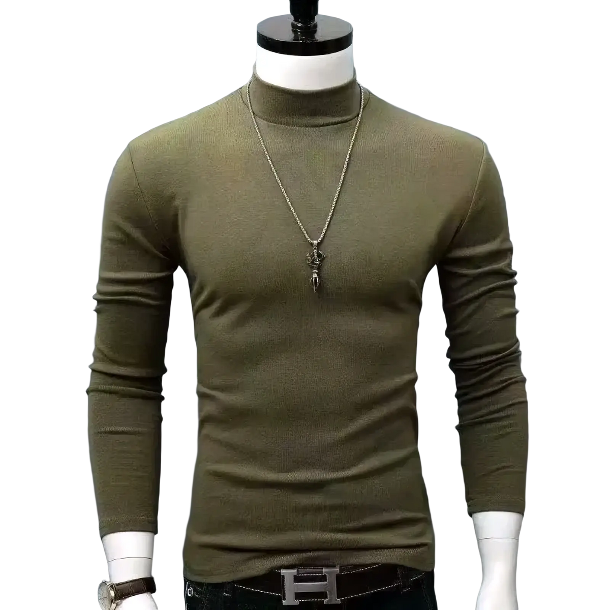 Men thermal turtleneck slim winter shirt in olive green ribbed knit fabric for warmth and style