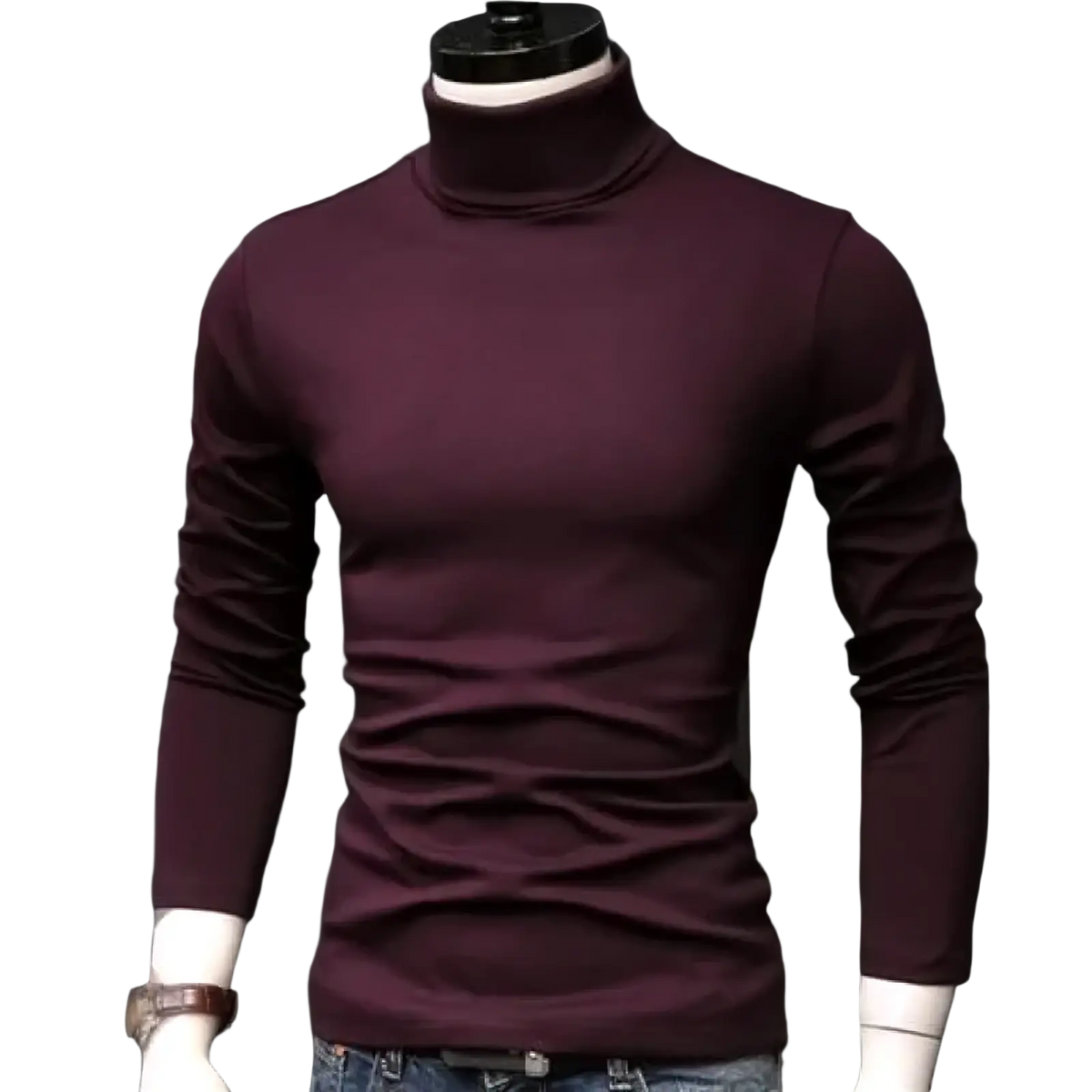 Men thermal turtleneck slim winter shirt in deep burgundy with smooth form-fitting knit texture
