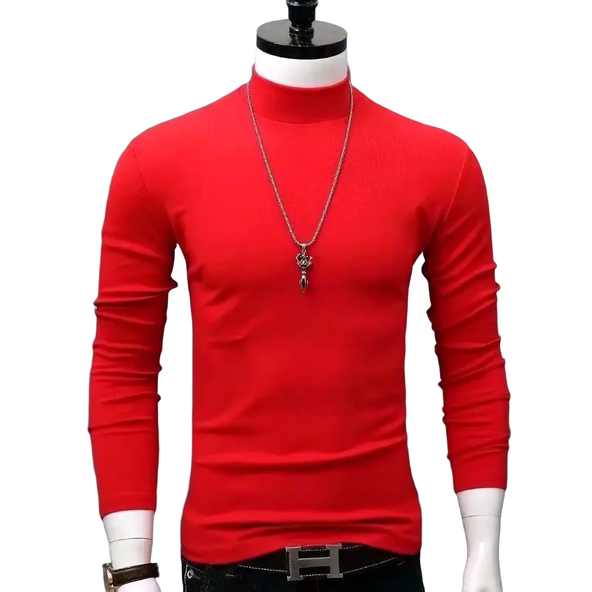 Men thermal slim winter shirt in vibrant red long-sleeved turtleneck sweater displayed on a mannequin