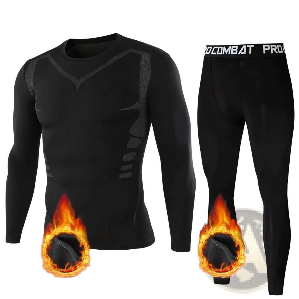 Men thermal underwear set in black fleece lined with gray patterned accents and flame graphics on lower legs