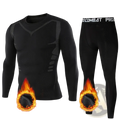 Men thermal underwear set in black fleece lined with gray patterned accents and flame graphics on lower legs