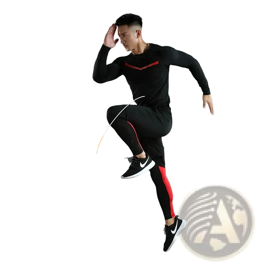 Men thermal underwear set fleece lined quick dry with black leggings featuring red side stripes and matching long-sleeve top
