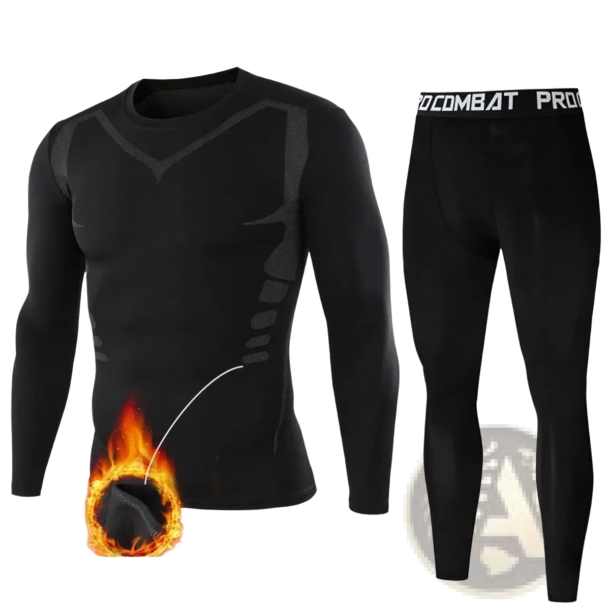 Men thermal underwear set black compression athletic wear with fleece lining gray patterned accents and branded waistband
