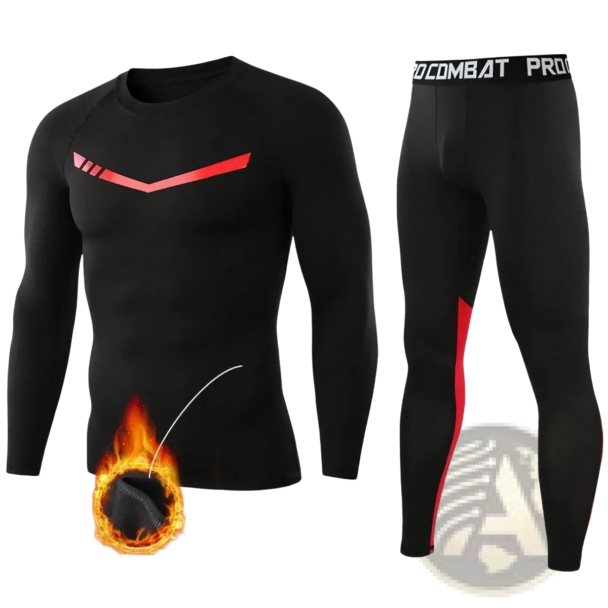 Men thermal underwear set black compression fleece lined with red accent stripes and procombat pro branding on waistband