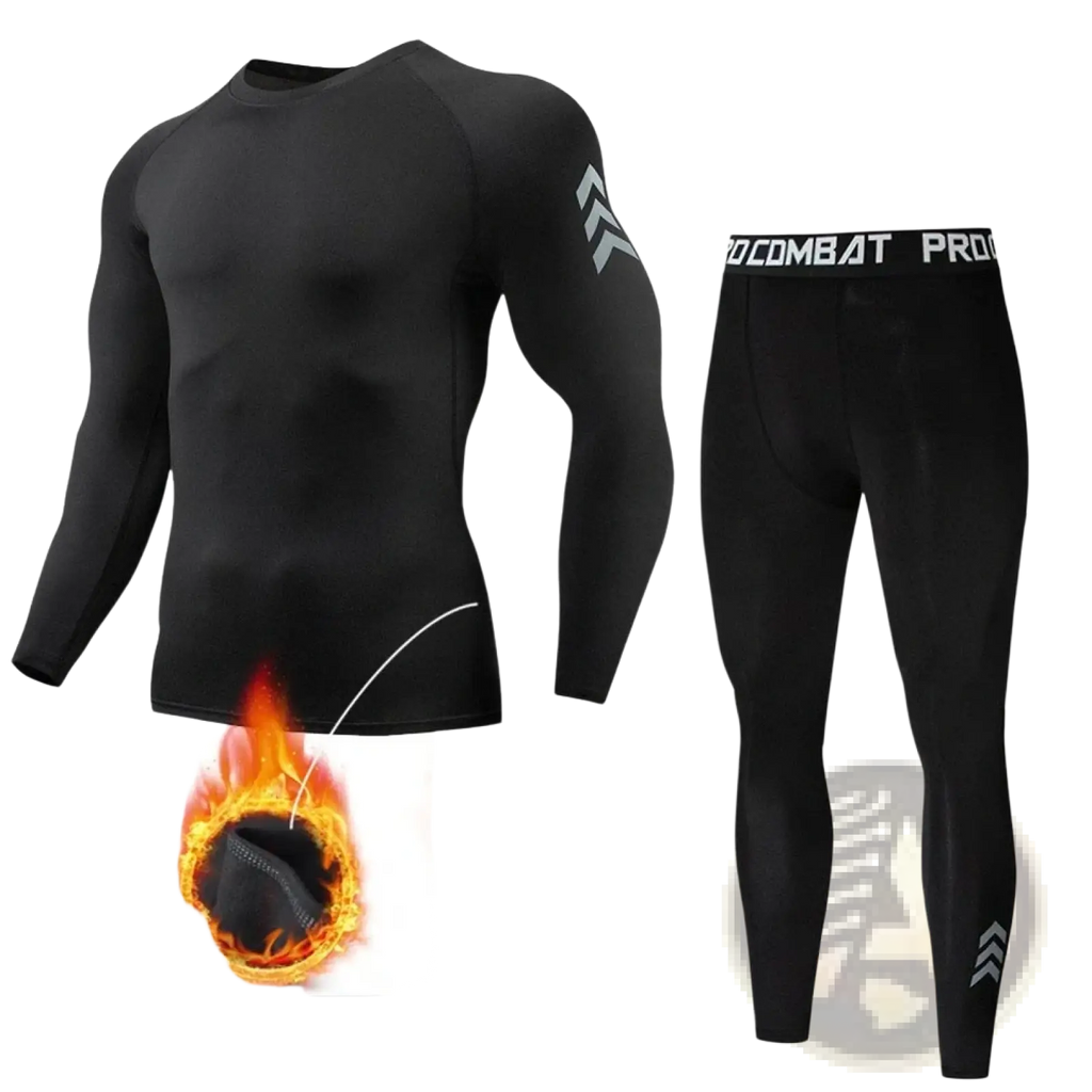 Men thermal underwear set black fleece lined long-sleeve compression top and leggings with gray logo accents for performance