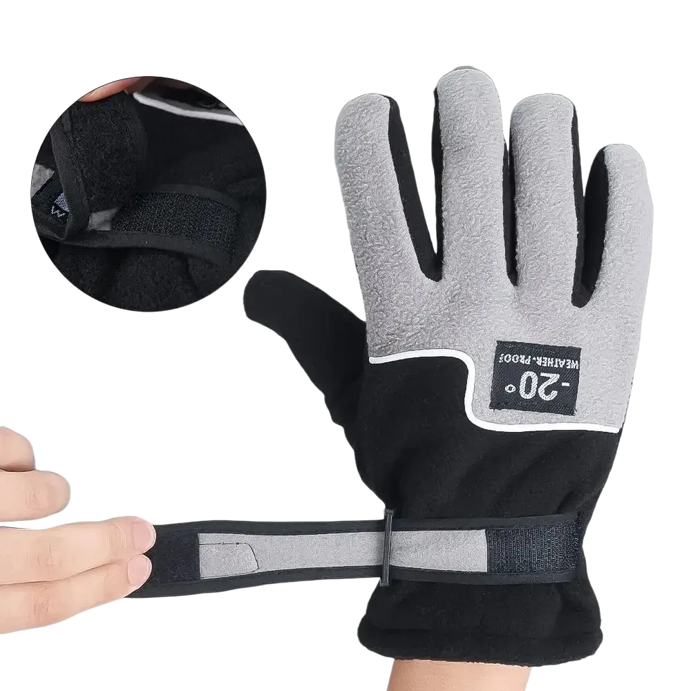Black and gray insulated men thermal winter warm gloves with adjustable wrist strap for skiing and motorcycle gloves use
