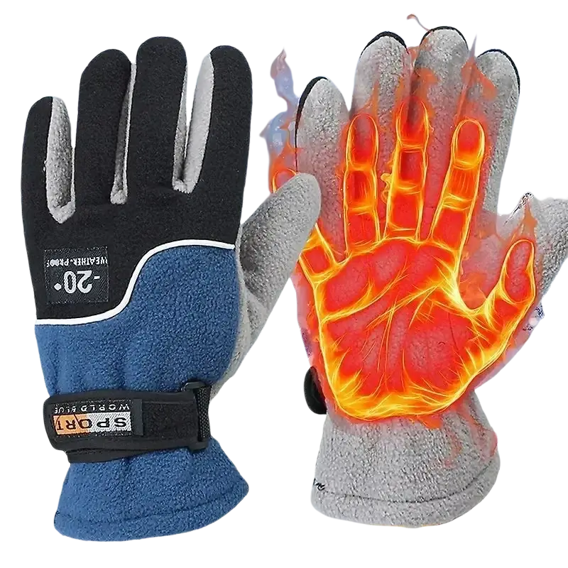 Men thermal winter warm gloves in blue and black with gray fleece lining and world sport wrist strap for skiing and motorcycle use