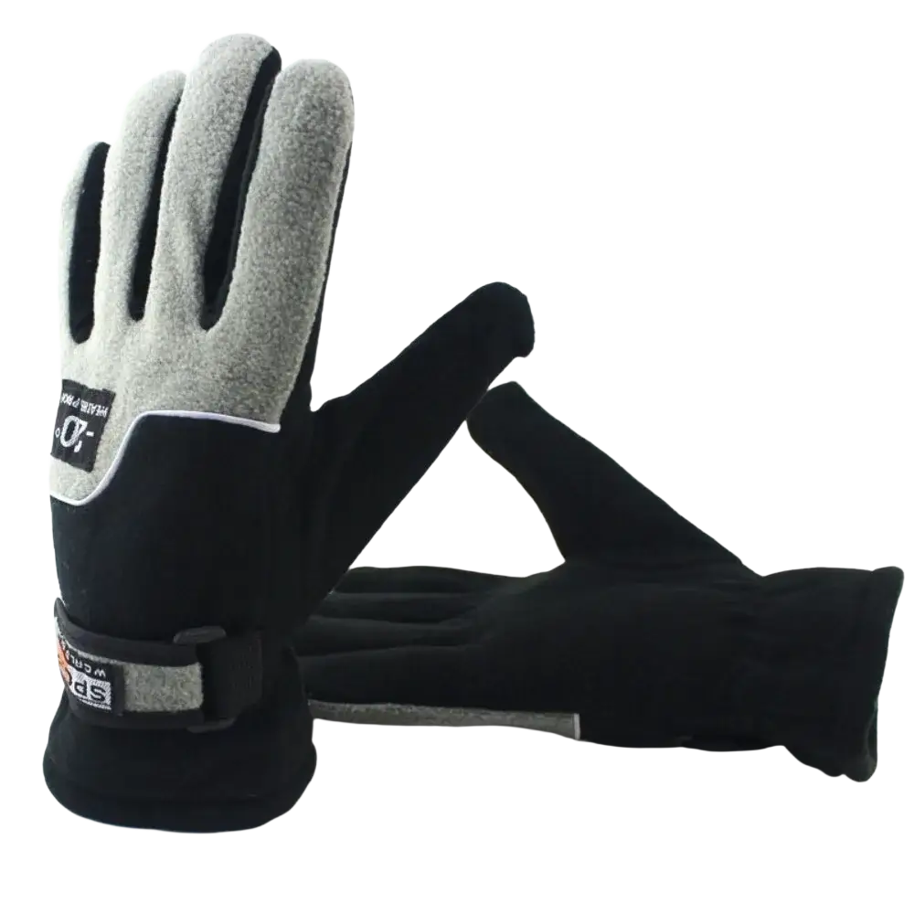 Gray and black fleece-lined men thermal winter warm gloves with velcro wrist strap for skiing cycling and motorcycle use