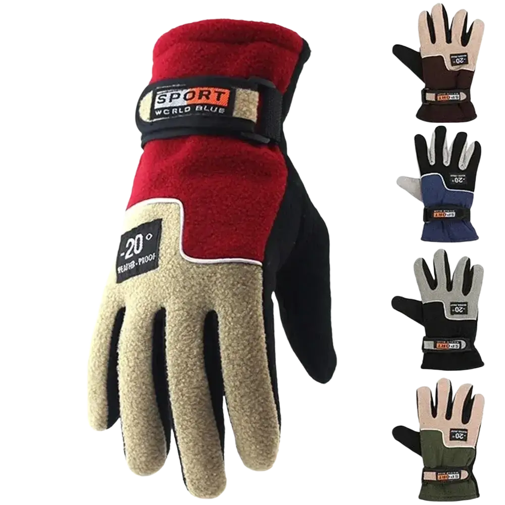 Men thermal winter warm gloves in red and beige with sport world blue label designed for skiing and motorcycle gloves