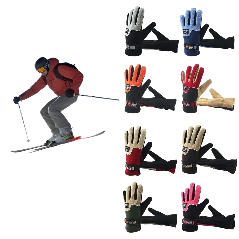 Men thermal winter warm gloves for skiing and cycling in assorted colors with black palms and wrist straps for warmth