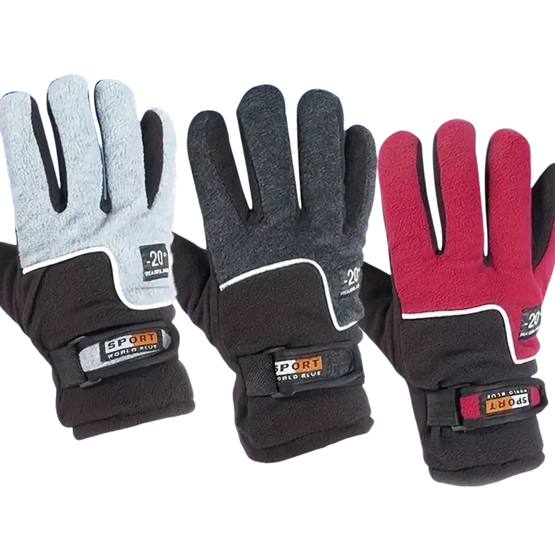 Three pairs of men’s thermal winter warm gloves in gray black and red fleece with adjustable straps for skiing and cycling