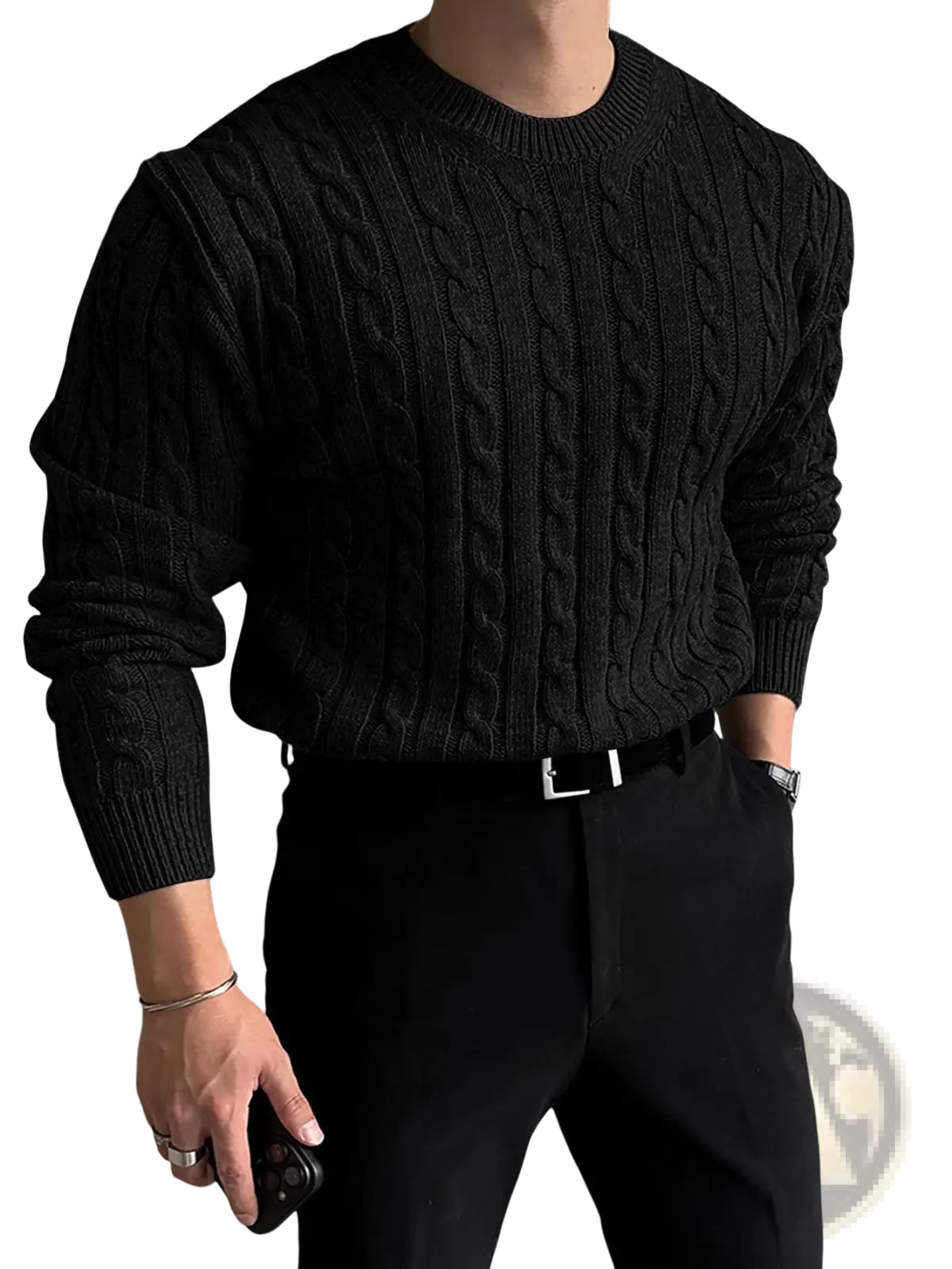 Black thick cable knit sweater for men with ribbed crew neck and cuffs made from warm material