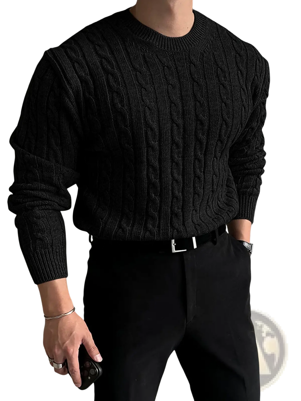 Black thick cable knit sweater for men with ribbed crew neck and cuffs made from warm material