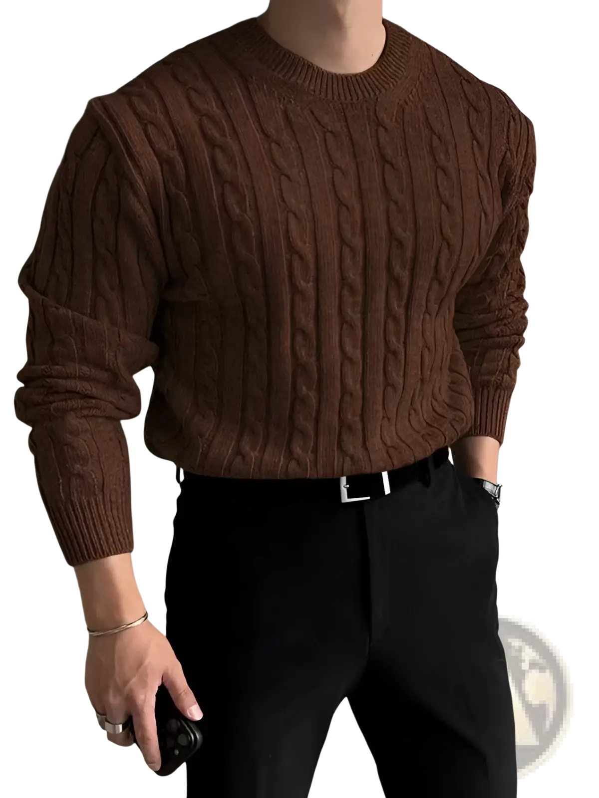 Men thick brown cable knit sweater with ribbed crew neck and cuffs made of warm wool blend material