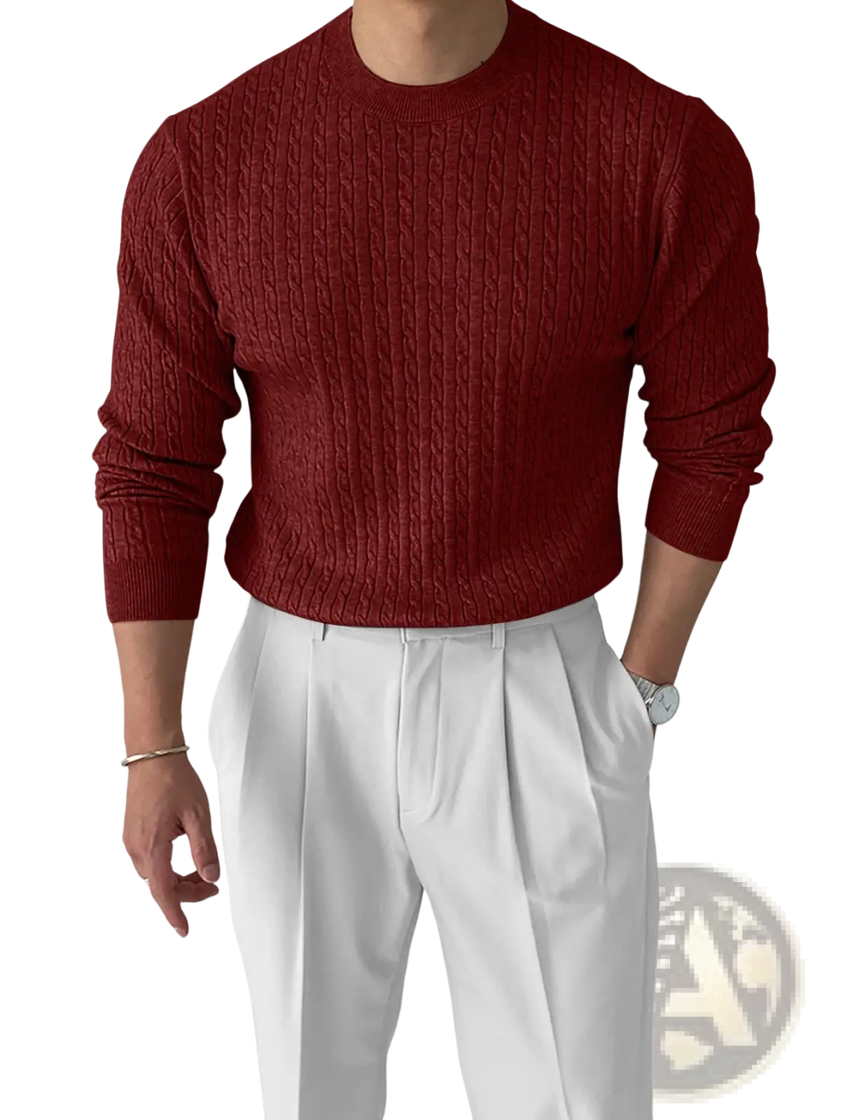 Men thick cable knit turtleneck sweater in rich burgundy with classic crew neck and long sleeves made from warm knit material