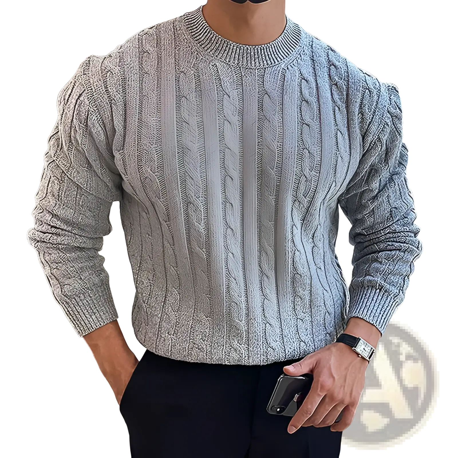 Men thick cable knit sweater in gray featuring ribbed crew neck and cuffs made from warm material